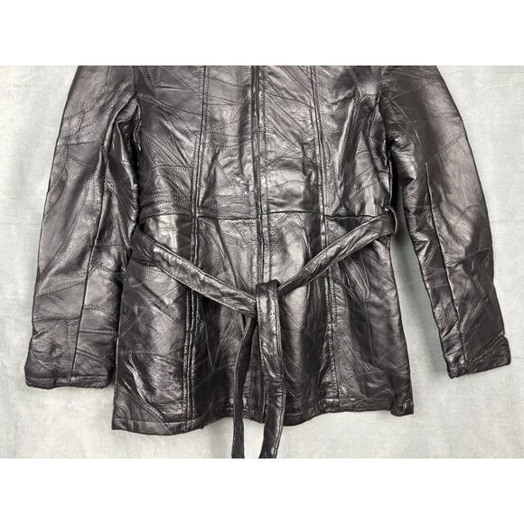 Navarre Leather Company Patchwork Piecework Coat Jacket Womens L Black Belted - Picture 5 of 16